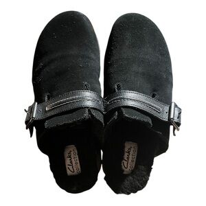 Clarks Women Clog Flats Brynn Slide Size US 7 1/2 Black Suede Buckle Strap